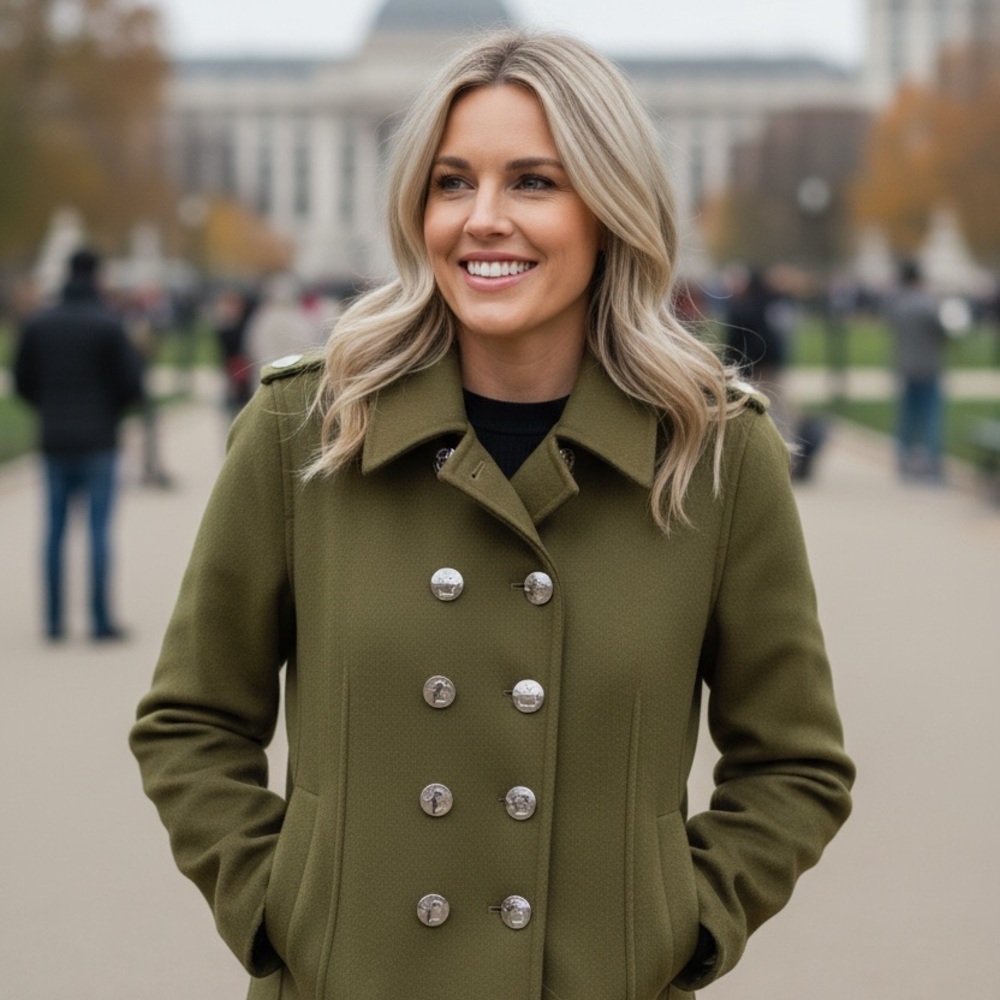 💋Tory Burch Olive Double-Breasted Pea Coat 023